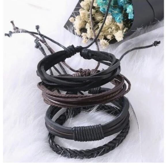 4 Piece Men's PU Leather Bohemian  Bracelet - Picture 2 of 4